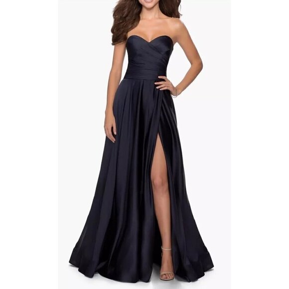 LA FEMME Strapless Slit Satin Ballgown in Navy Size US 10